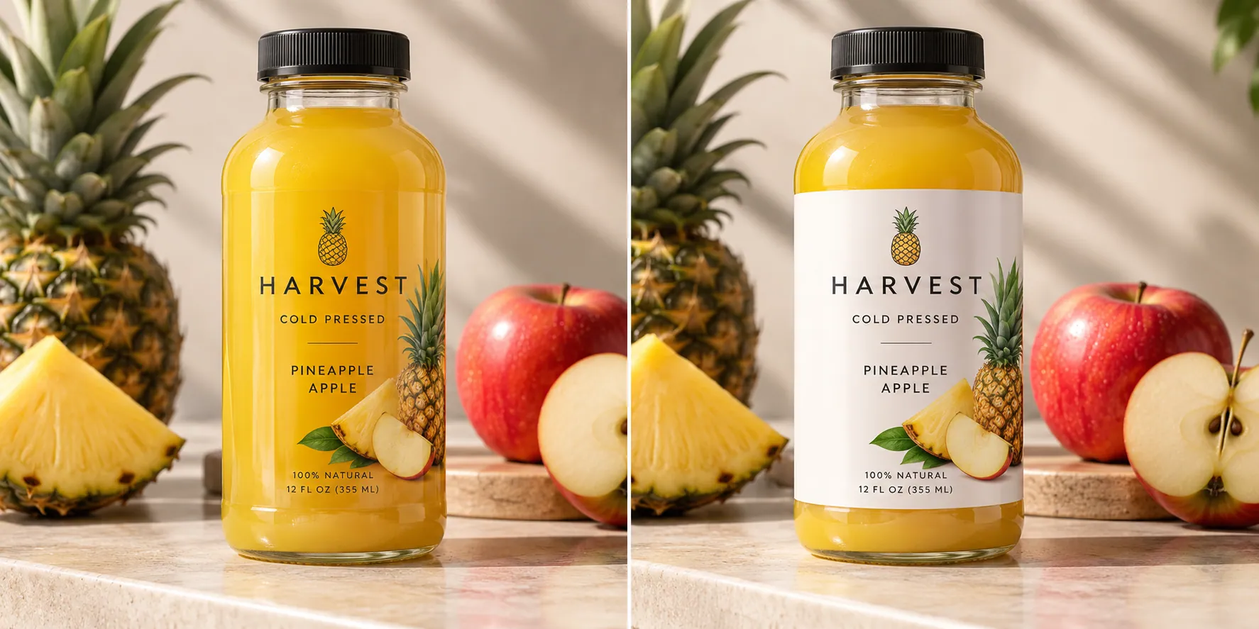 The same Harvest cold-pressed pineapple apple juice bottle side by side: on the left, a Crystal Clear label where only the printed design shows and the juice color fills the rest; on the right, the same label printed on White PP with a solid white background