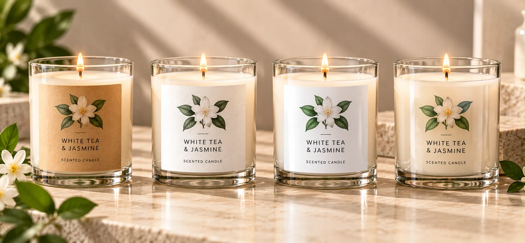 Four White Tea & Jasmine scented candles in glass jars, each with the same label printed on a different material: Natural Kraft Paper, Eggshell Felt White, White PP and Crystal Clear
