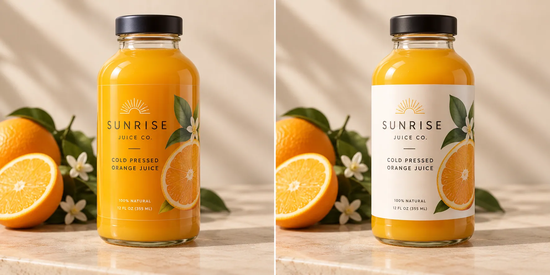 The same Sunrise Juice Co. cold-pressed orange juice bottle side by side: on the left, a Crystal Clear label where only the printed design shows and the juice color fills the rest; on the right, the same label printed on White PP with a solid white background