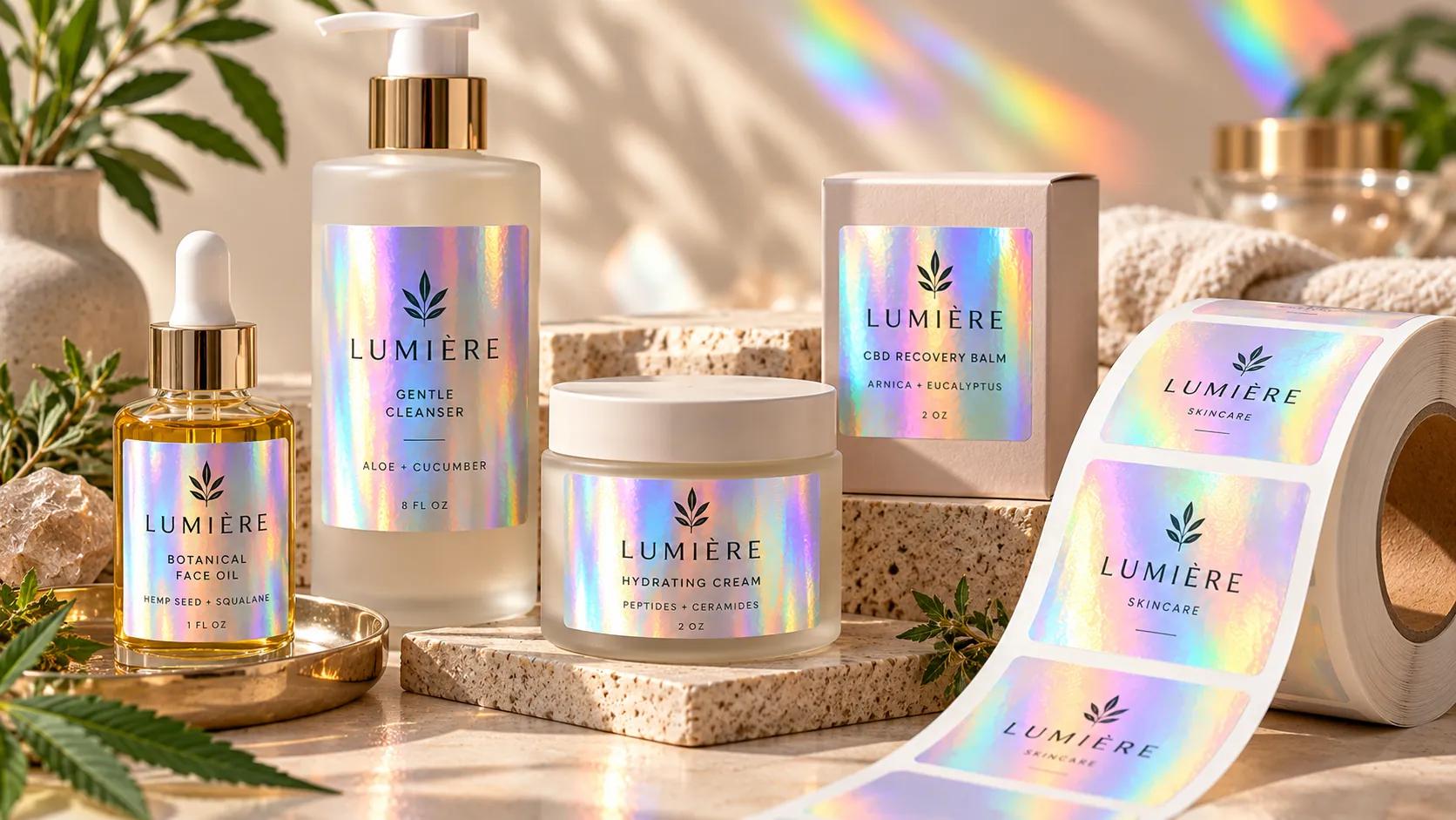 A lineup of Lumière skincare products with Holographic labels applied, next to a matching roll of the same labels, showing the rainbow-like light shift of the base material