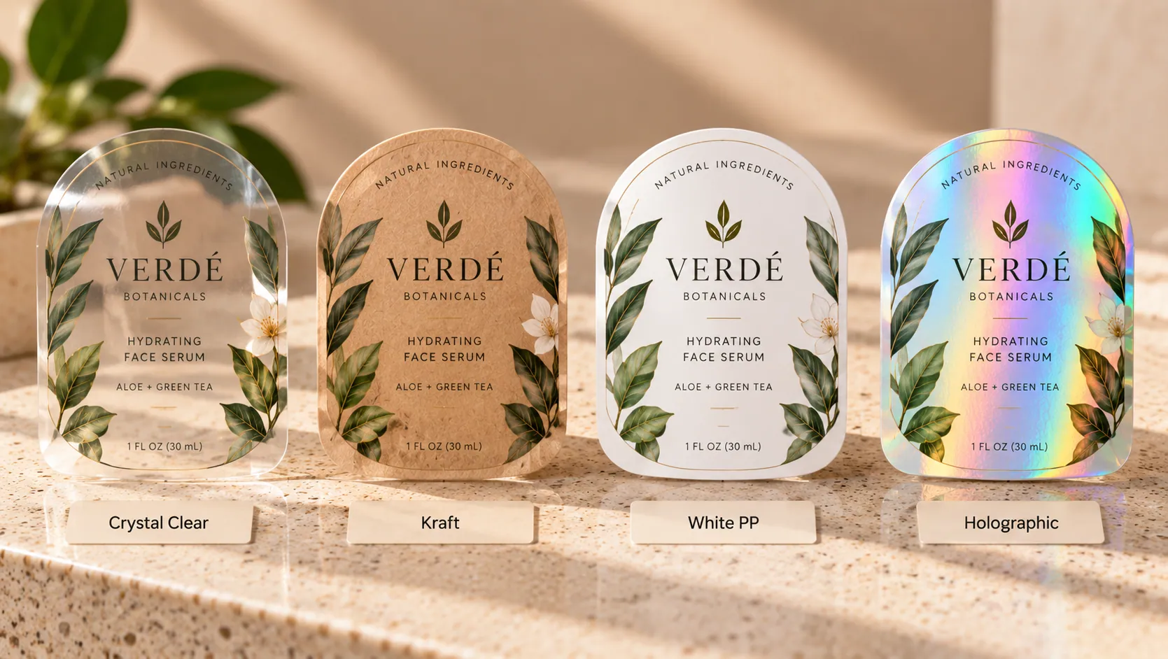 The same serum bottle label design printed on Crystal Clear, Kraft, White PP and Holographic materials side by side