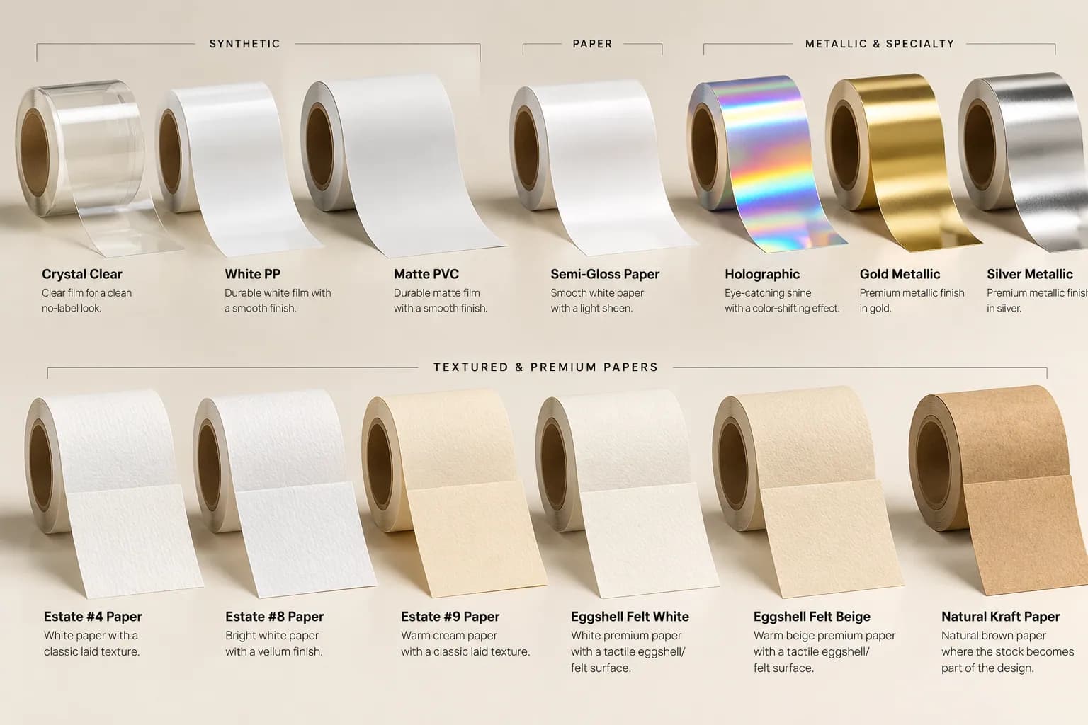 Rolls of all 13 Prima Labels materials grouped by family: synthetic films, paper, textured and premium papers, and metallic and specialty stocks
