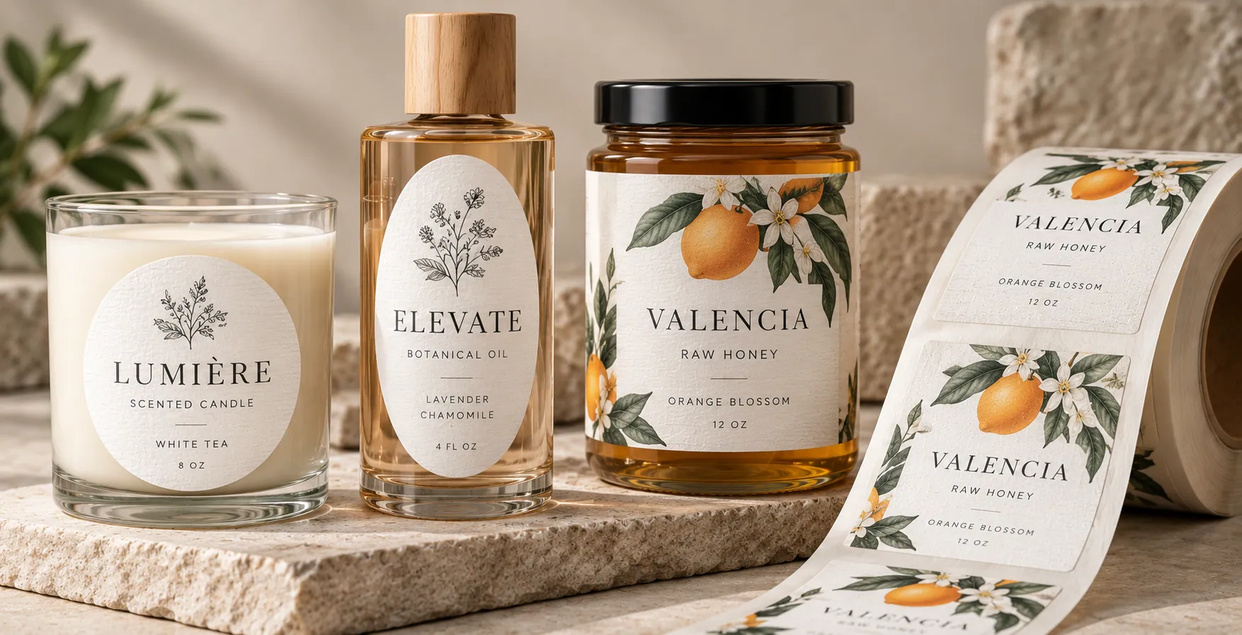 A candle, a botanical oil bottle and a honey jar with Estate #4 Paper labels applied, next to a matching roll of the same labels