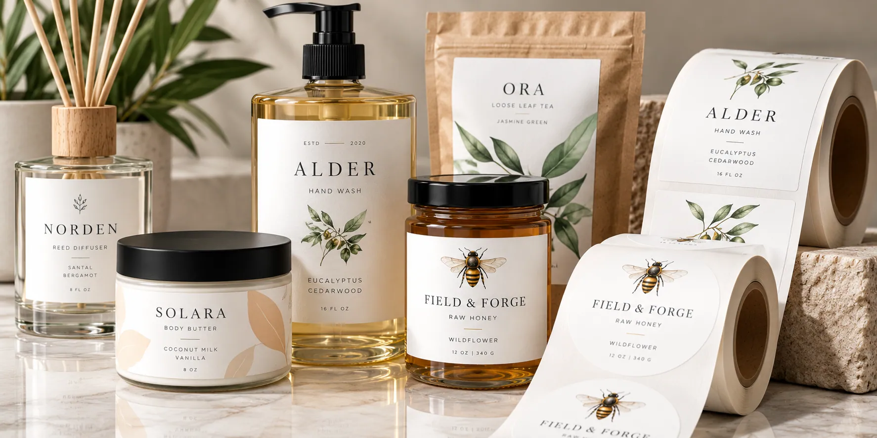 A reed diffuser, body butter, hand wash, honey jar and tea pouch with Estate #8 Paper labels applied, next to matching rolls of the same labels
