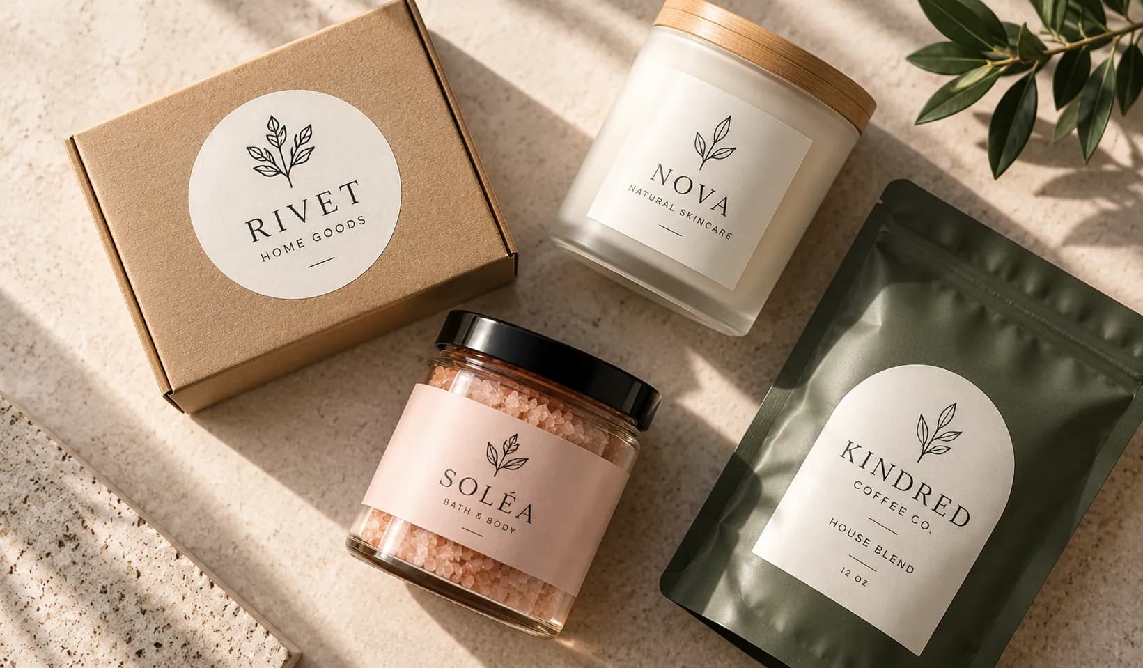 A kraft box, candle, jar and pouch with labels applied, showing common packaging label applications