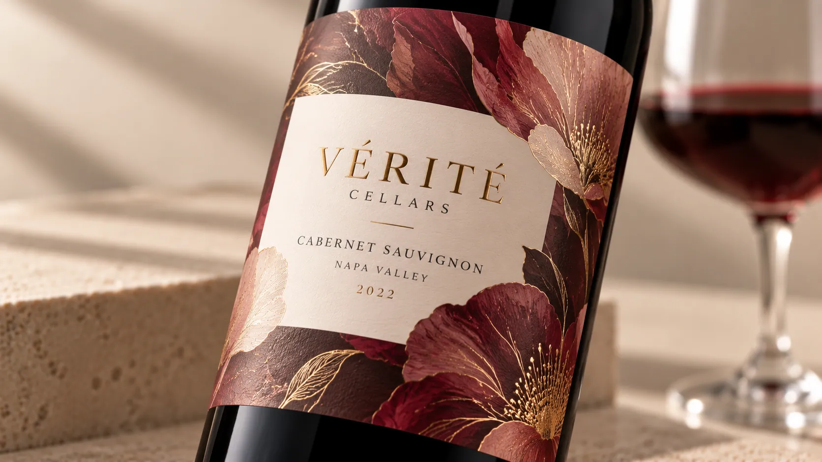 Wine bottle and glass with a label applied