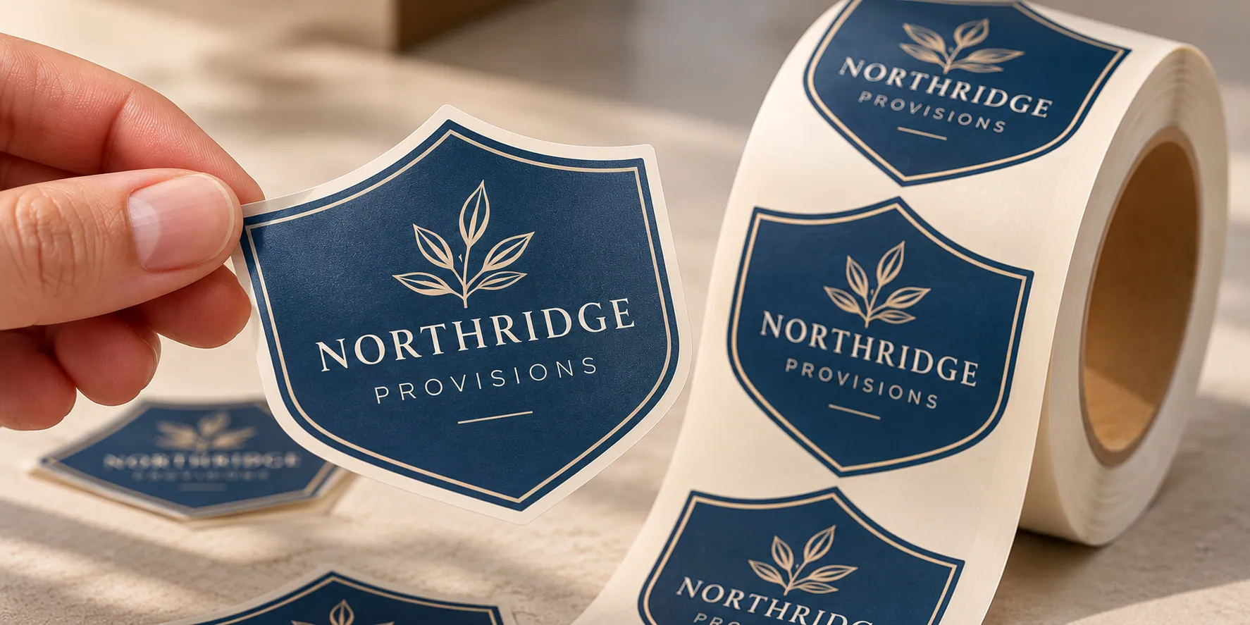 A Northridge Provisions shield-shaped die-cut label being peeled from its liner, showing the cut edge following the artwork outline