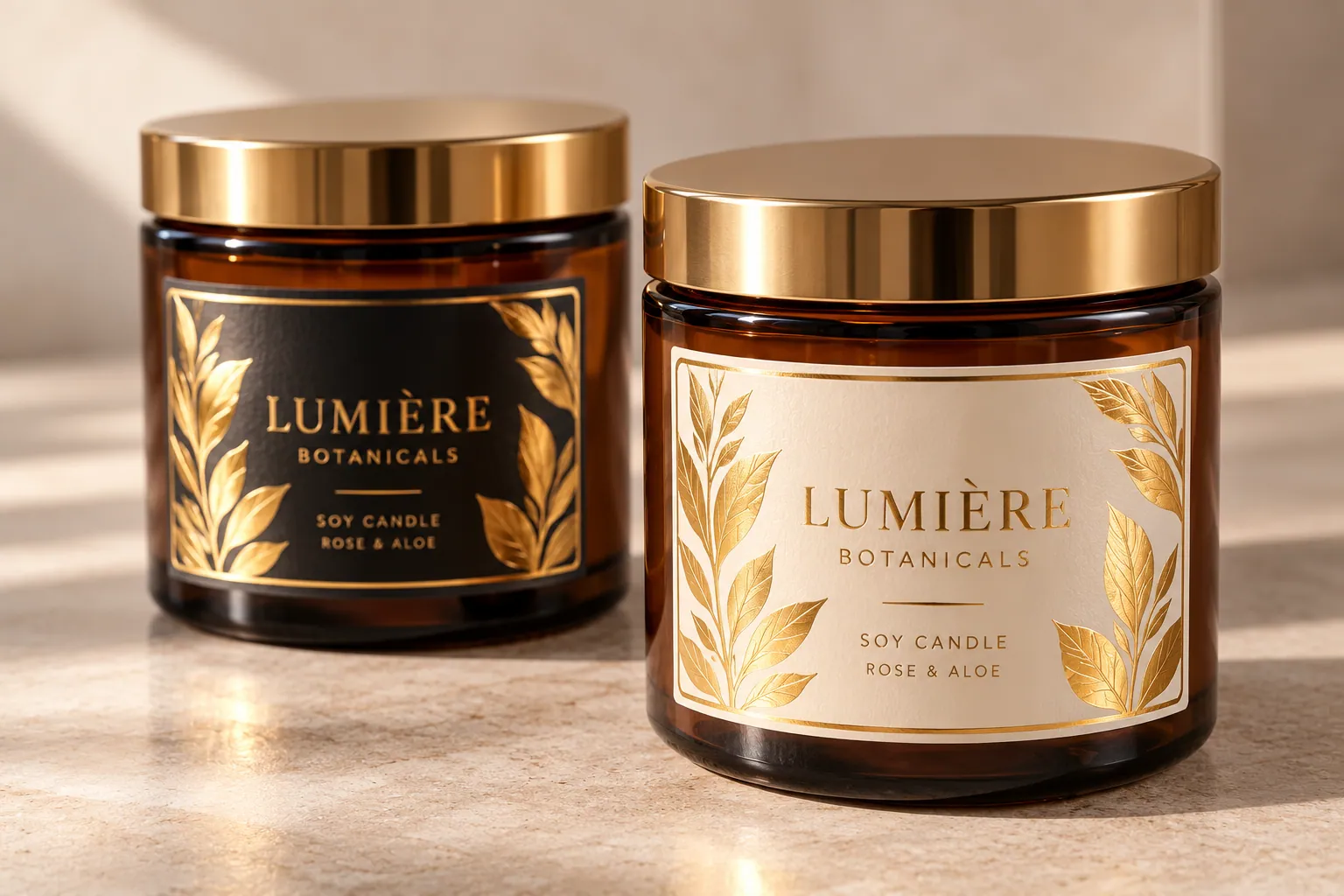 Two Lumière Botanicals candle jars with gold foil labels, one on a black label and one on a cream label, showing the metallic foil finish