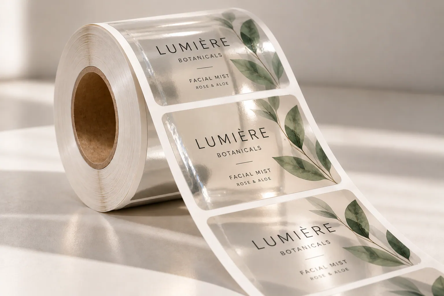 A roll of Crystal Clear labels, transparent film showing the surface beneath through the label