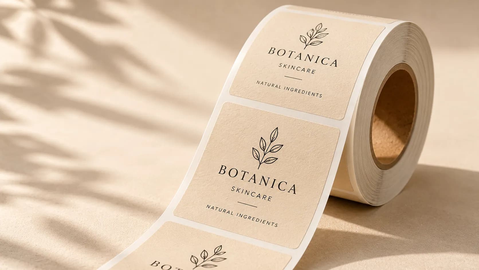 A roll of Eggshell Felt Beige labels for a Botanica Skincare product
