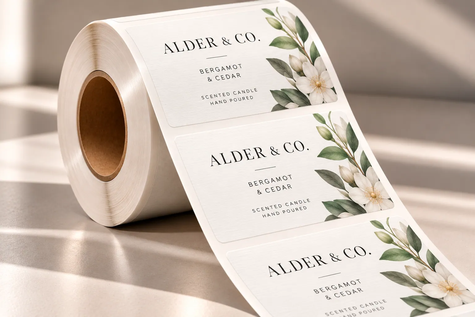 A roll of Estate #8 Paper labels with a smooth, bright white vellum finish