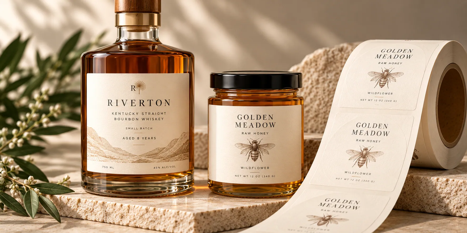 A bourbon bottle and a honey jar with Estate #9 Paper labels applied, next to a matching roll of the same labels