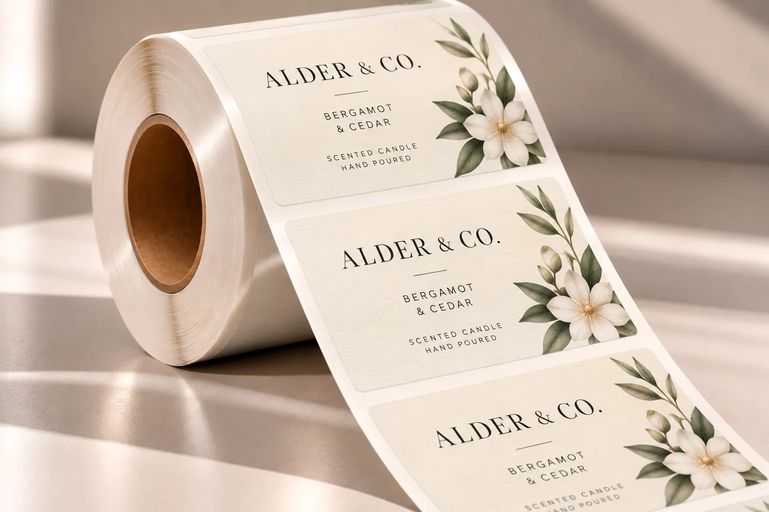 A roll of Estate #9 Paper labels showing the warm cream, laid-texture stock