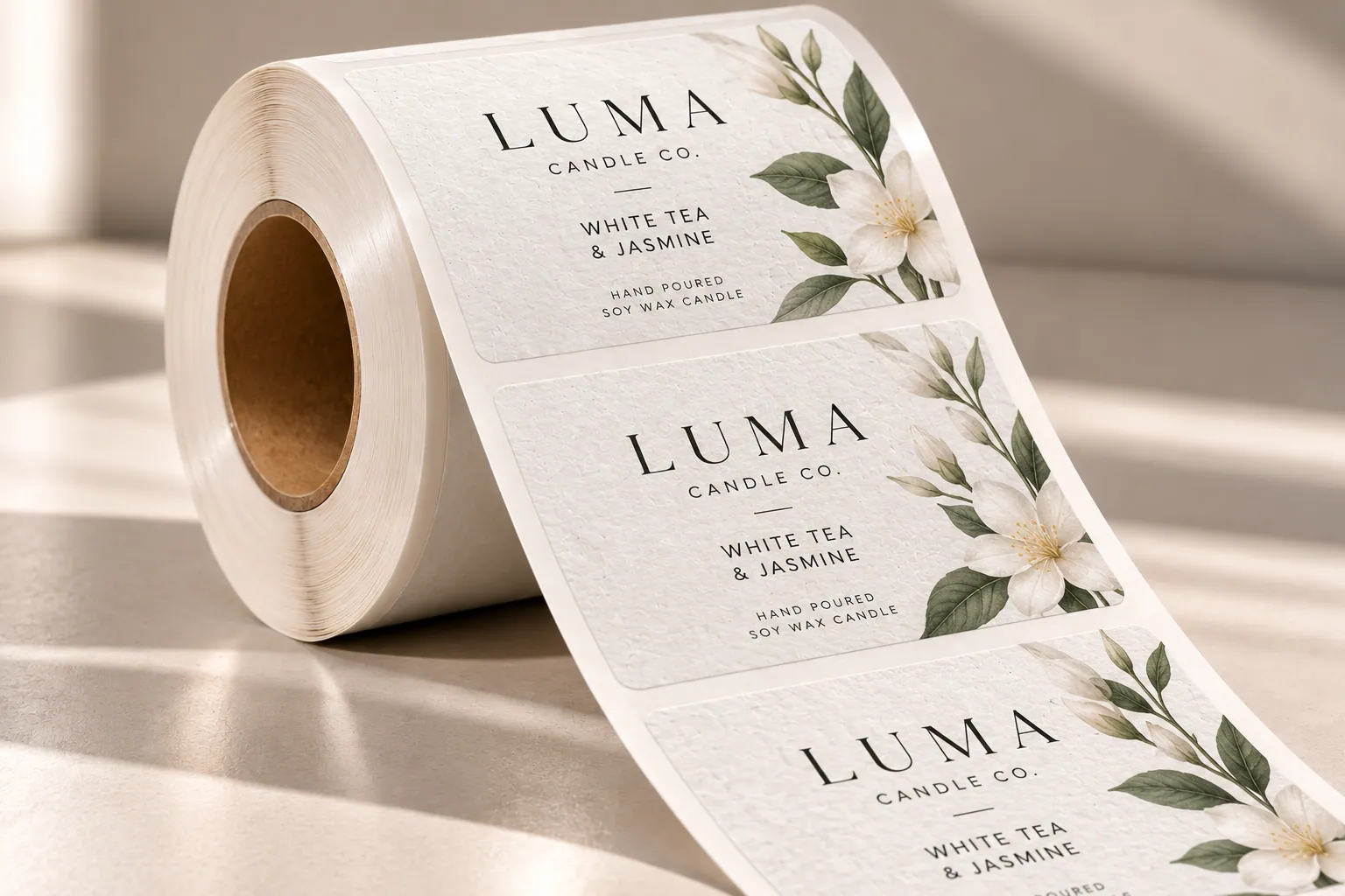 A roll of Eggshell Felt White labels with a tactile, textured surface