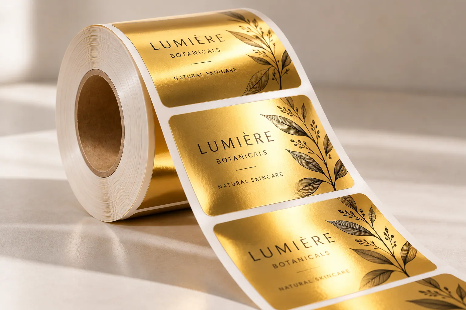 A roll of Gold Metallic labels with a reflective gold finish