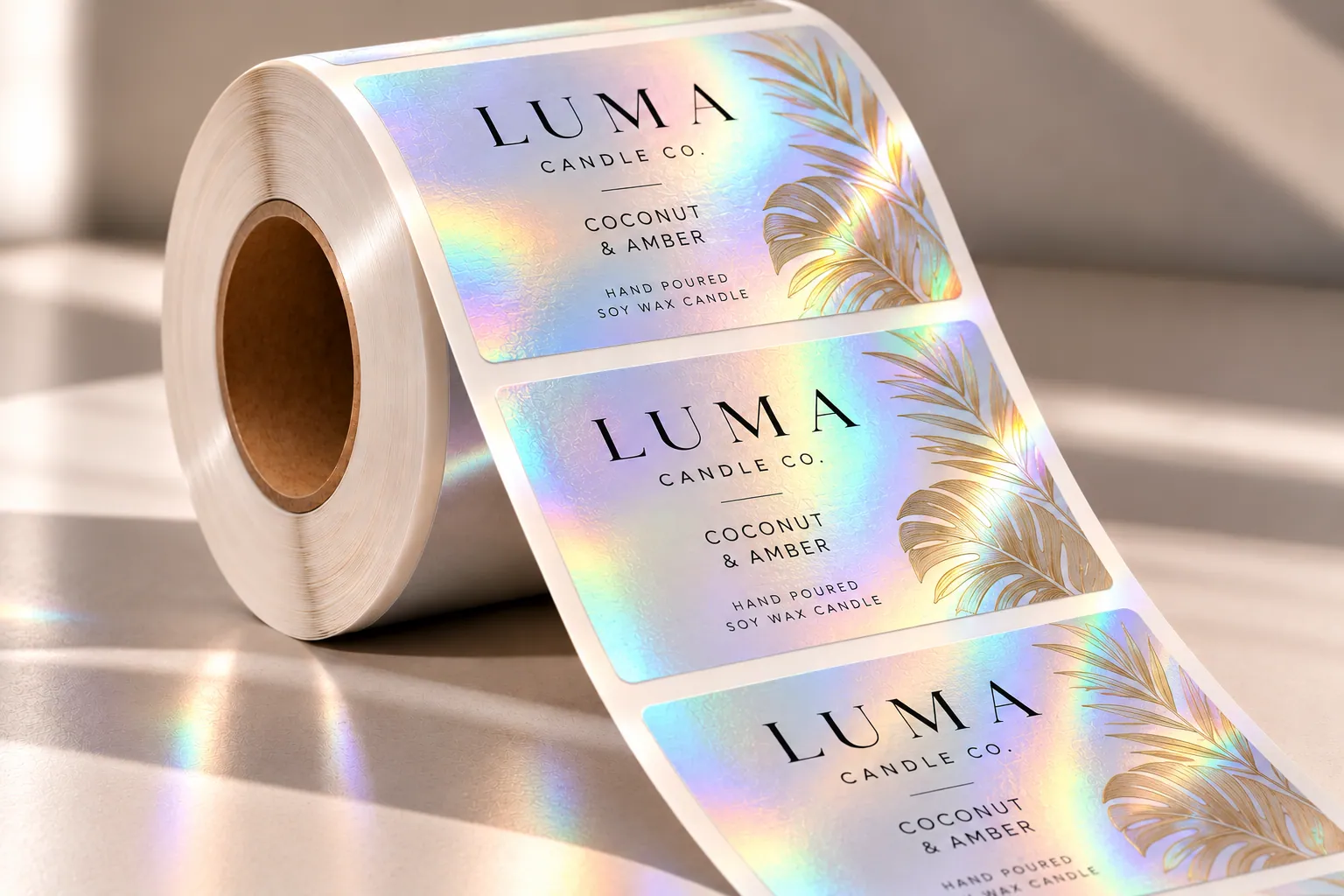 A roll of Holographic labels with a rainbow-like reflective shimmer