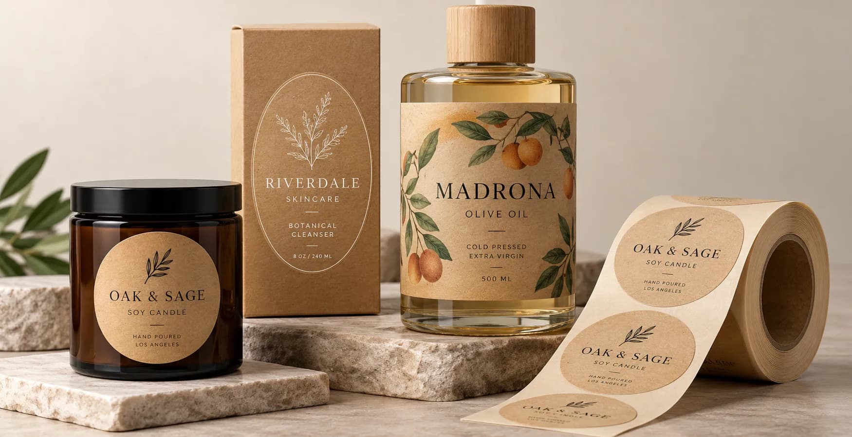 A candle, a skincare box and an olive oil bottle with Natural Kraft Paper labels applied, next to a matching roll of the same labels