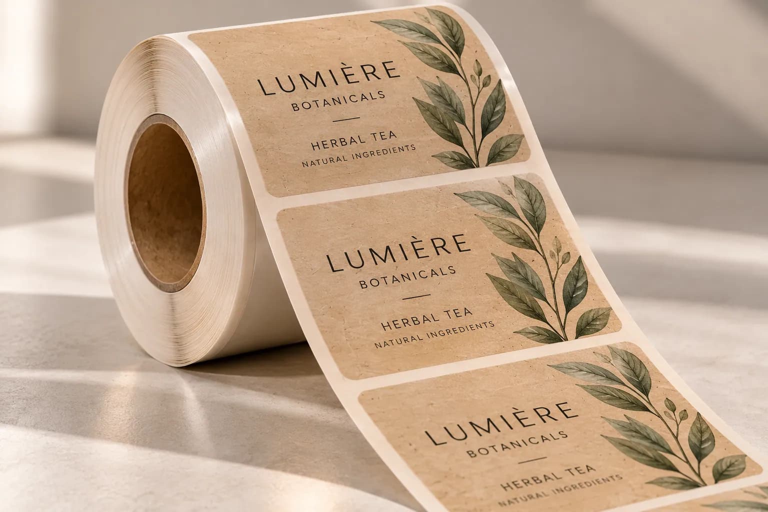 A roll of Natural Kraft Paper labels showing the visible brown fiber