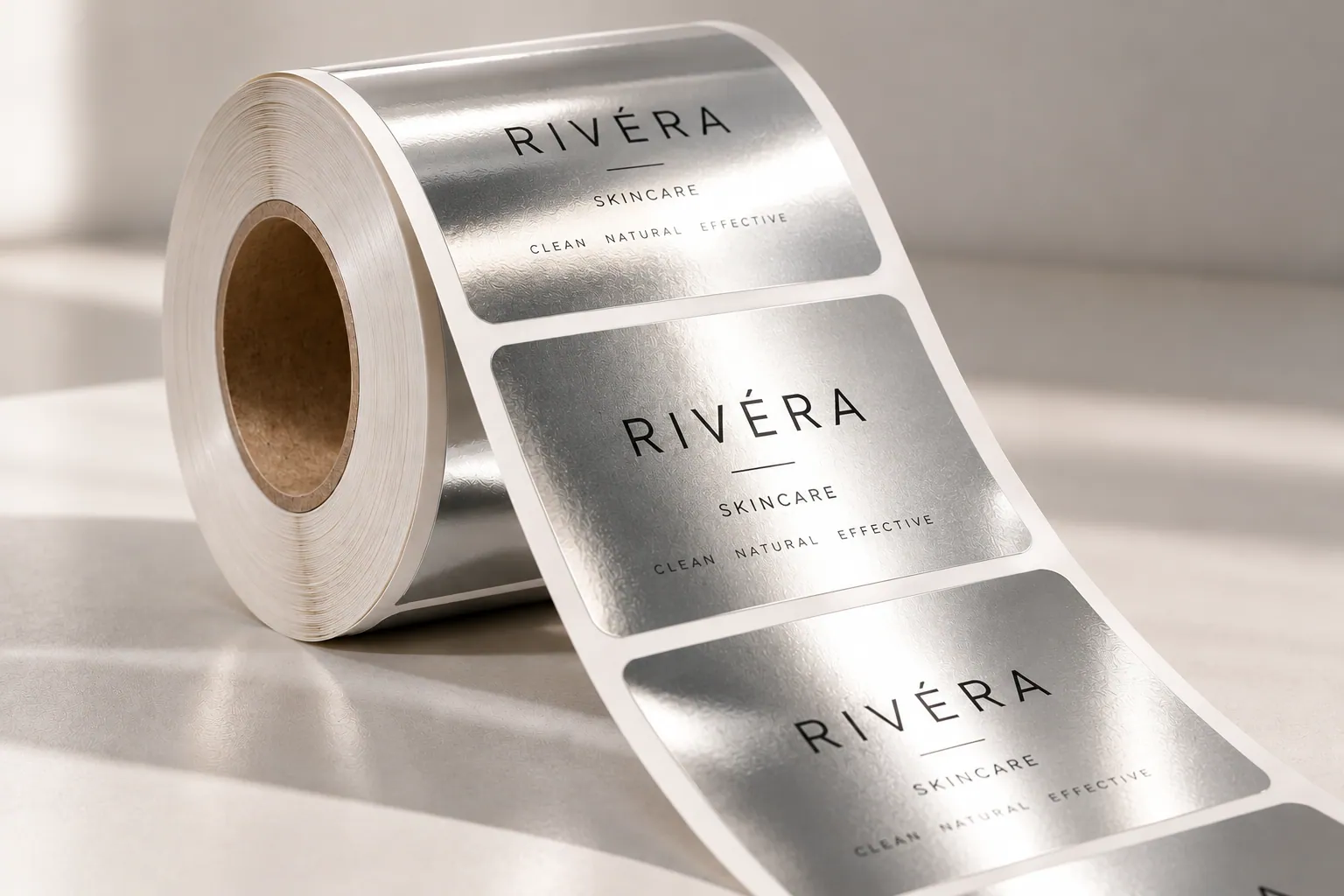 A roll of Silver Metallic labels with a reflective silver finish
