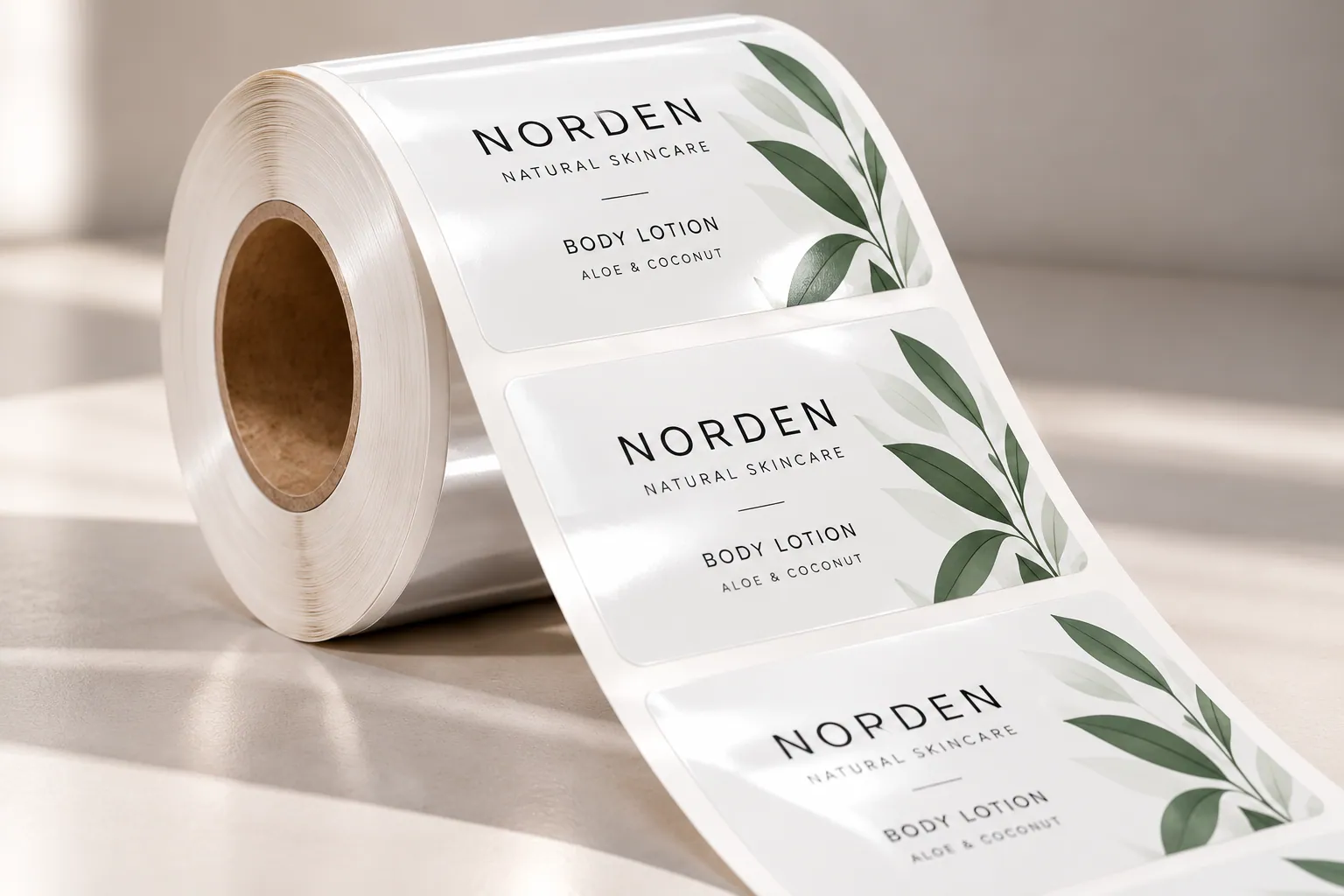 A roll of White PP labels with an opaque white, glossy finish