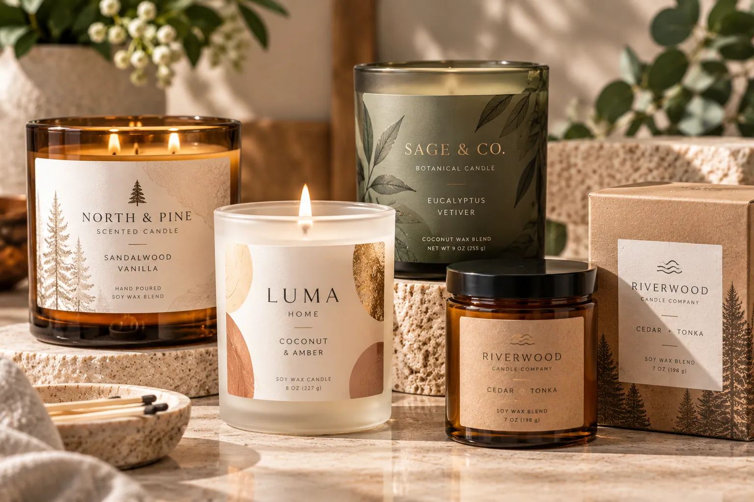 Candle jars and a tin with labels applied