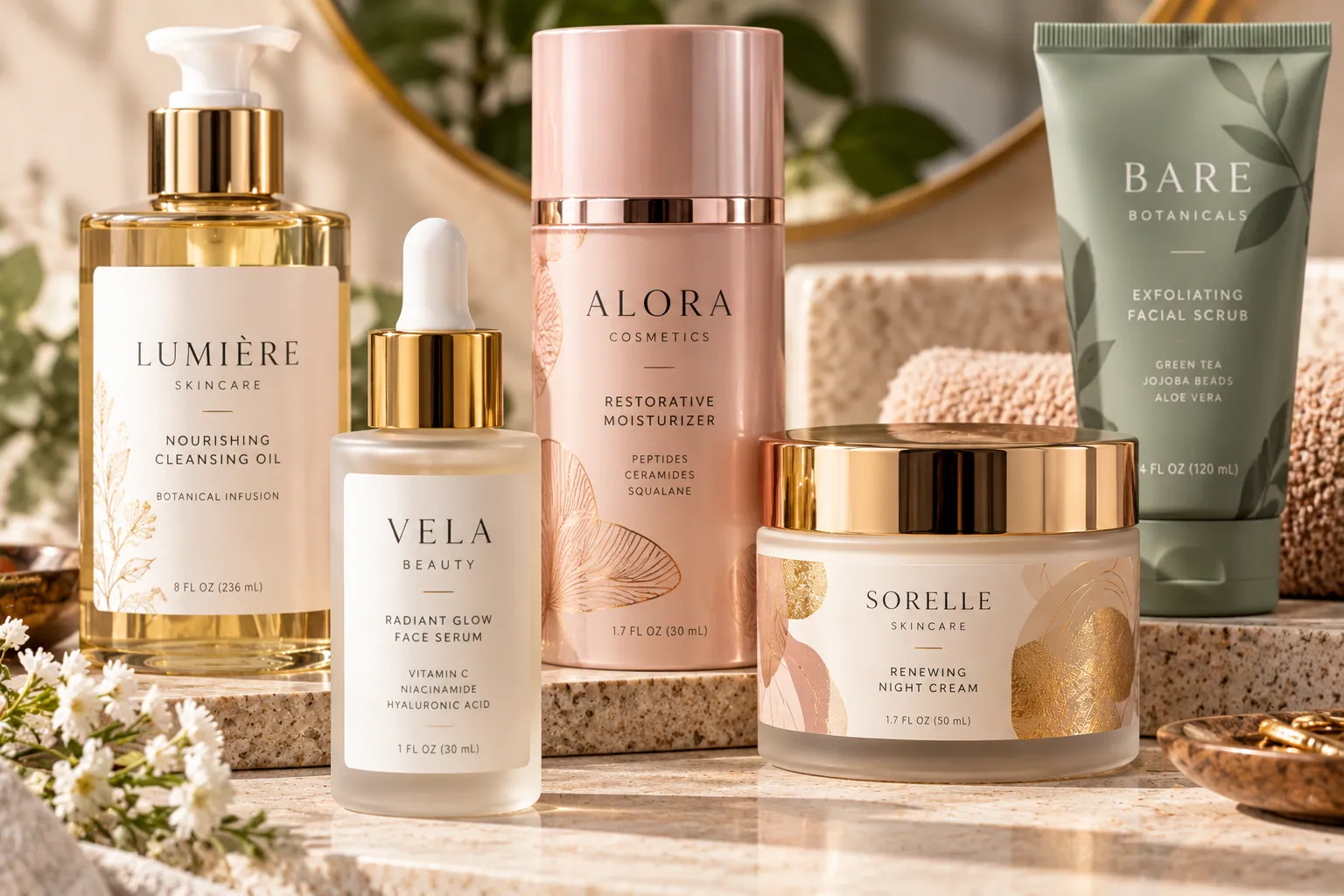 Skincare bottles, a serum, a jar and a tube with labels applied