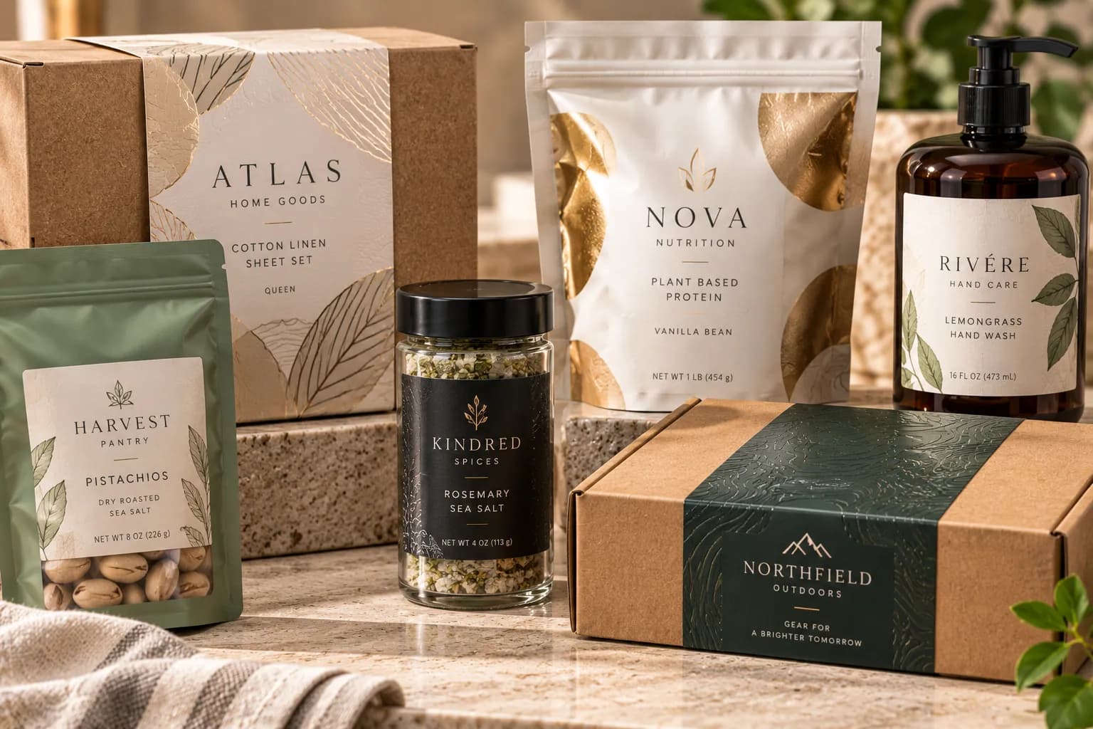 A box, pouches, a jar and a bottle with labels used as branding
