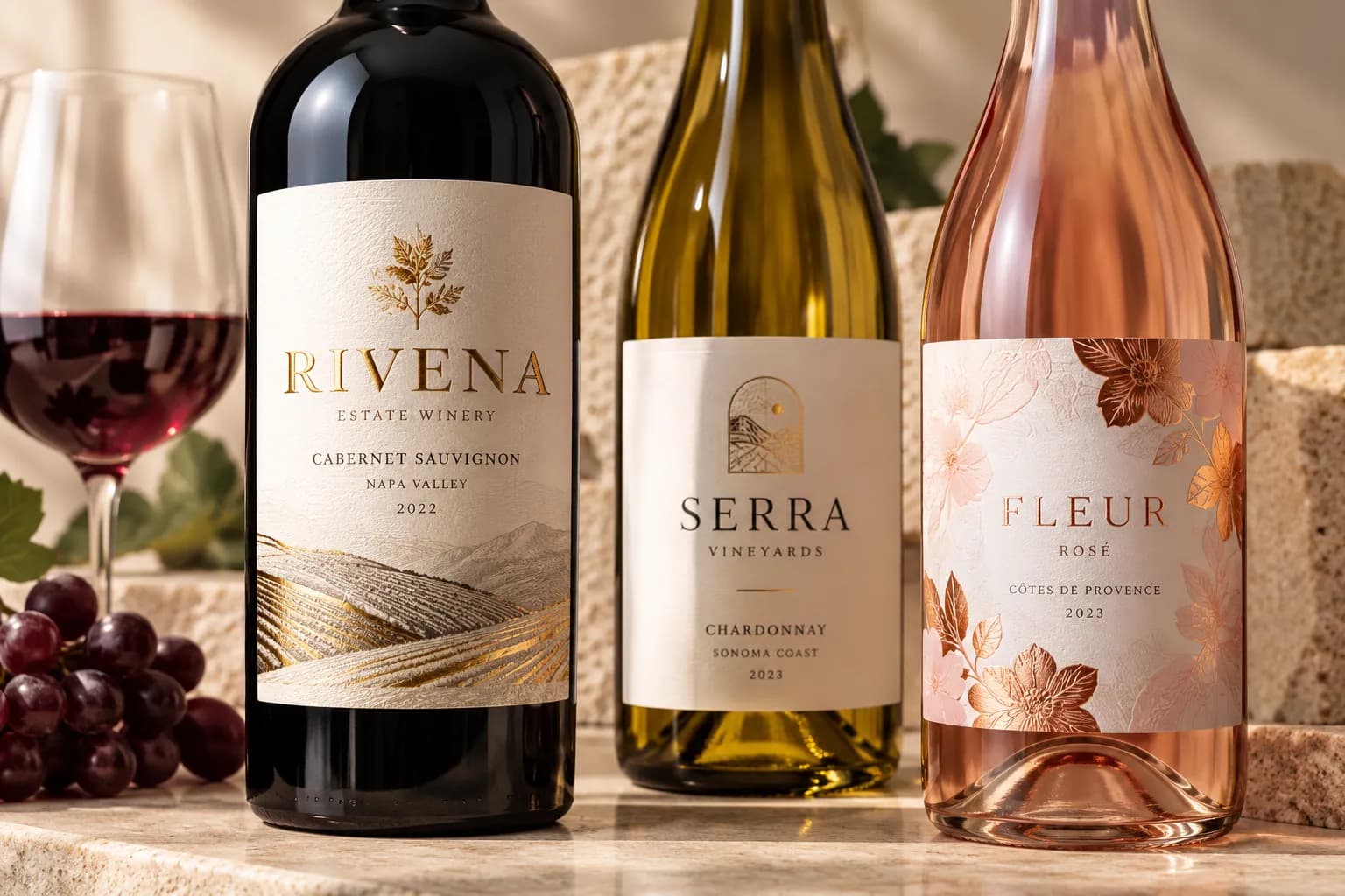 Wine bottles and a glass of red wine with labels applied