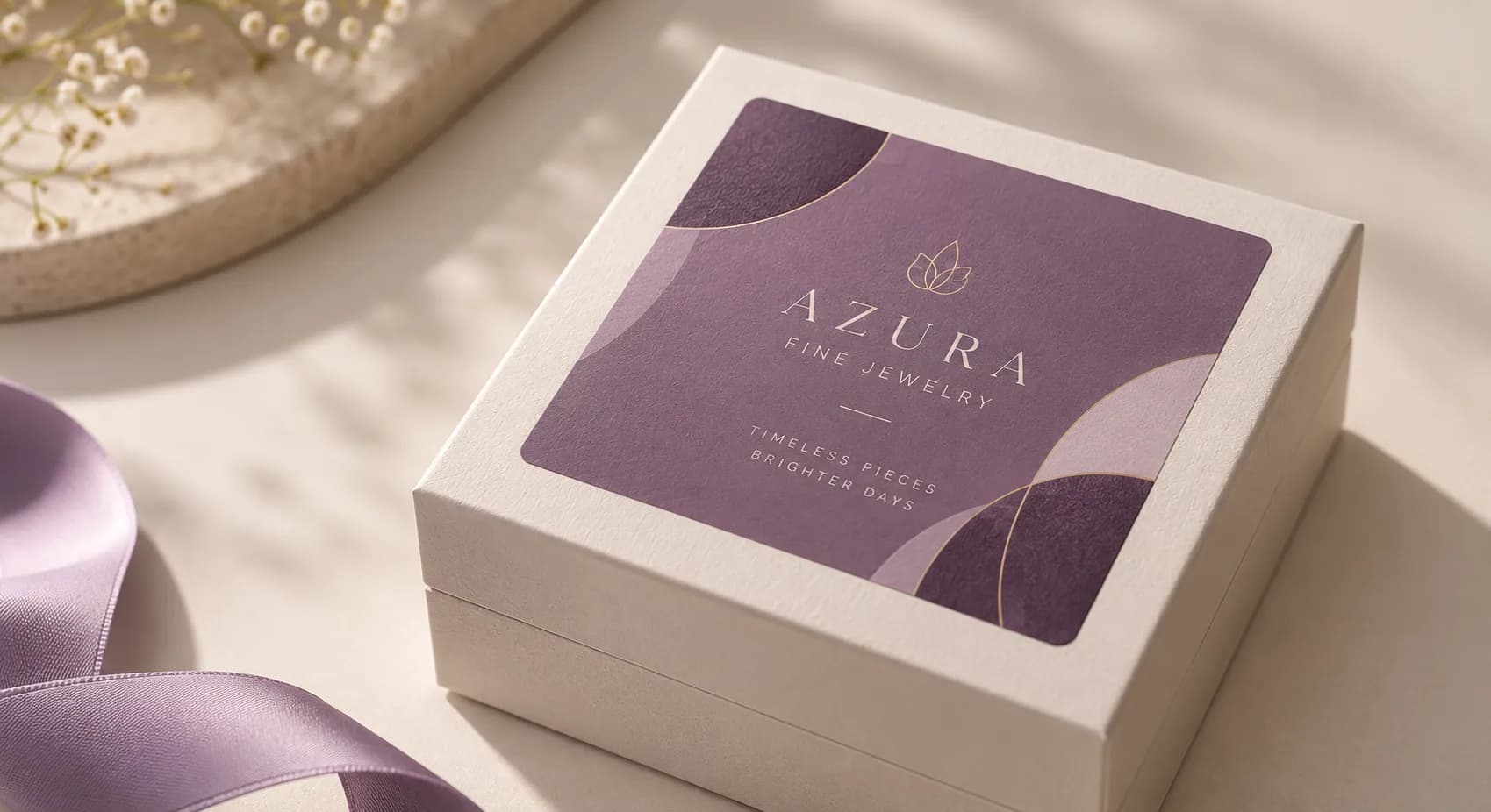 An Azura Fine Jewelry gift box with a Soft Touch laminated label, showing the velvet-finish surface
