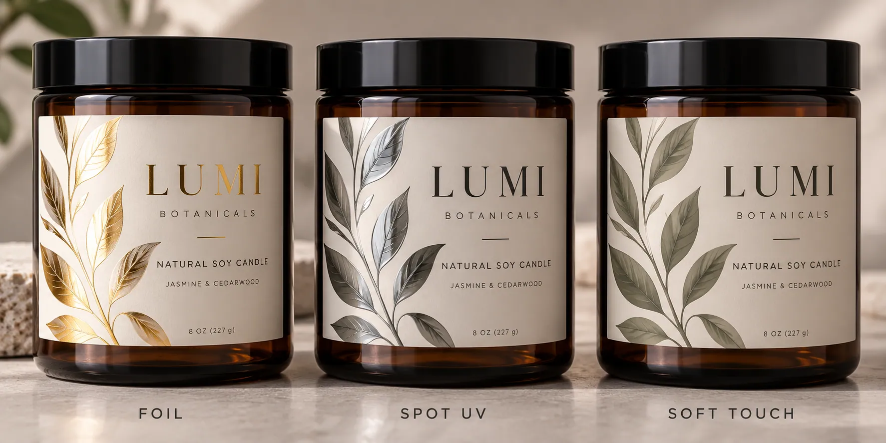 The same candle label design shown with Foil, Spot UV and Soft Touch finishes side by side under the same lighting
