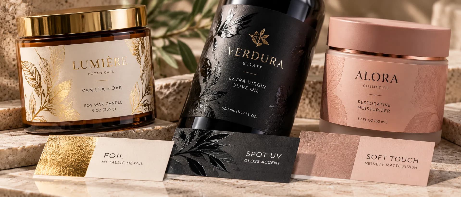 Foil, Spot UV and Soft Touch finish swatches shown beside finished candle and skincare labels