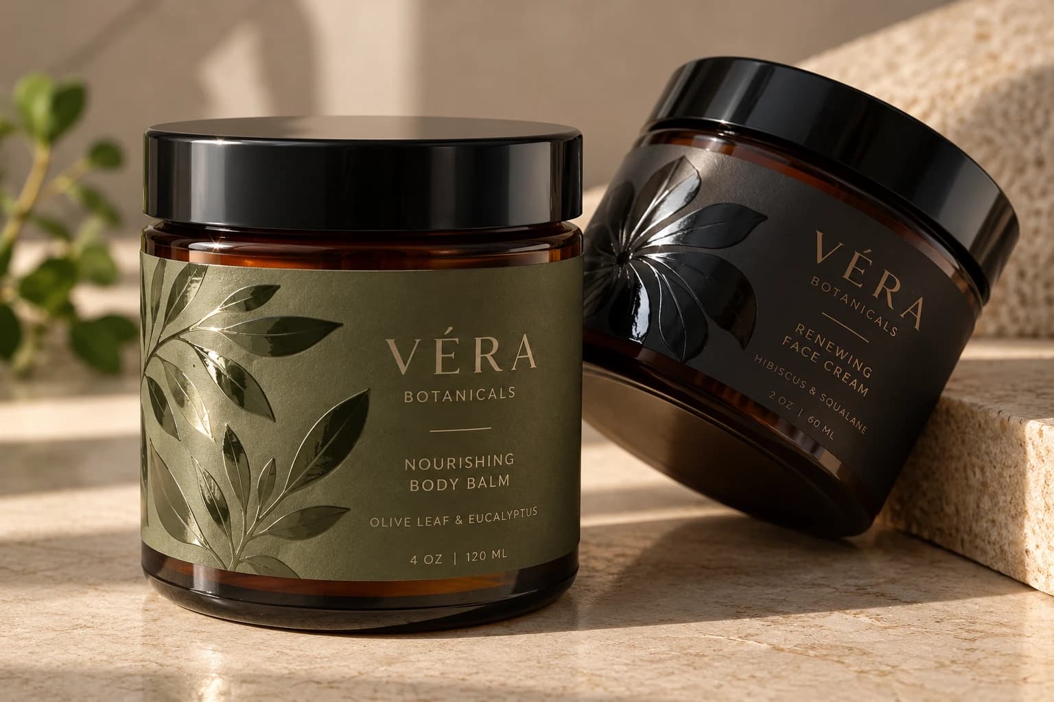 Véra Botanicals jars with Matte and Soft Touch laminated labels, each showing a glossy Spot UV leaf and flower pattern