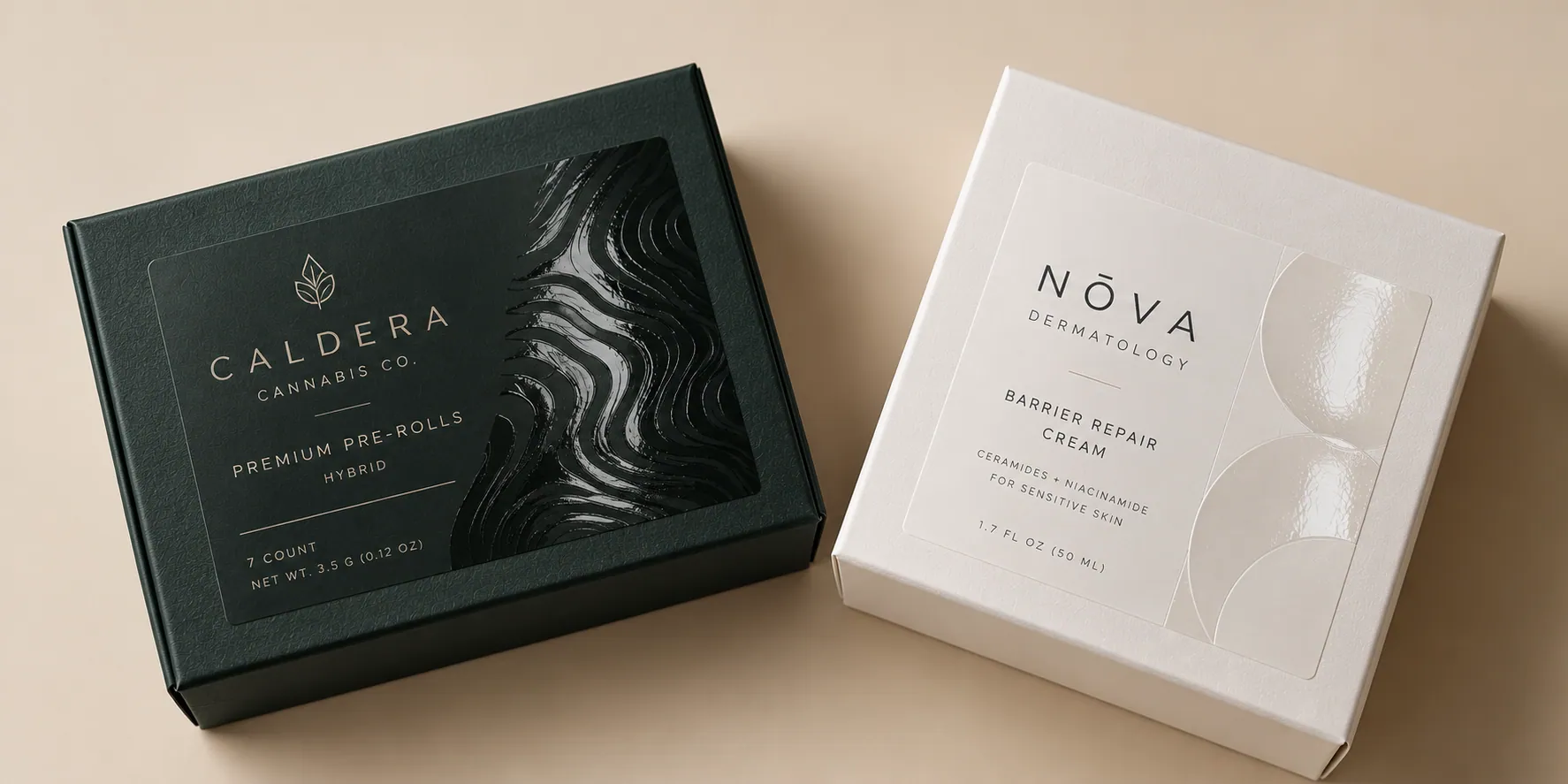 A Caldera Cannabis Co. pre-rolls box and a NOVA Dermatology barrier repair cream box, each with a glossy Spot UV pattern against a matte label surface
